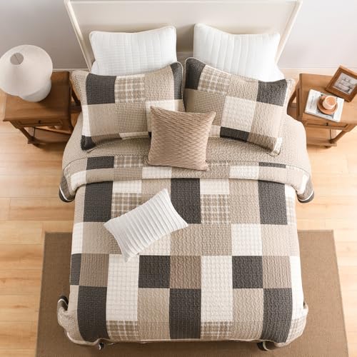 Image of EWlinens 100% Cotton 120 inchx102 inch Oversized Queen Bedspread - Reversible Patchwork Plaid Extra Large Quilt Bedding Set, Queen Bedspreads Coverlet Set, Lightweight Cozy Luxurious Quilts, 3pcs, Brown /Beige