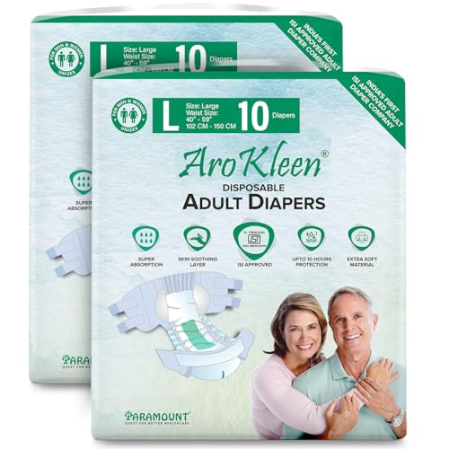 Image of AroKleen (ISI CERTIFIED) Adult Diapers Tape Style | Large (L) Size, 20 Count, Waist Size (102-150cm | 40 inch-59 inch inches), Unisex, High Absorbency, Leak Proof, Overnight Protection, Odour lock, Anti-Bacterial Absorbent Core-Pack of 2