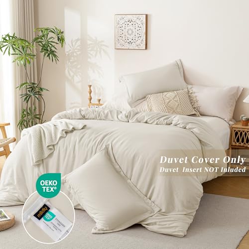 Image of MILDLY Duvet Cover 108 inchx98 inch Ultra Soft Comforter Cover Set 3pcs, Beige | Washed Microfiber Cotton-Like, Breathable Comfort, Hidden Zipper, 8 Corner Ties, OEKO-TEX Certified, Fade Resistant