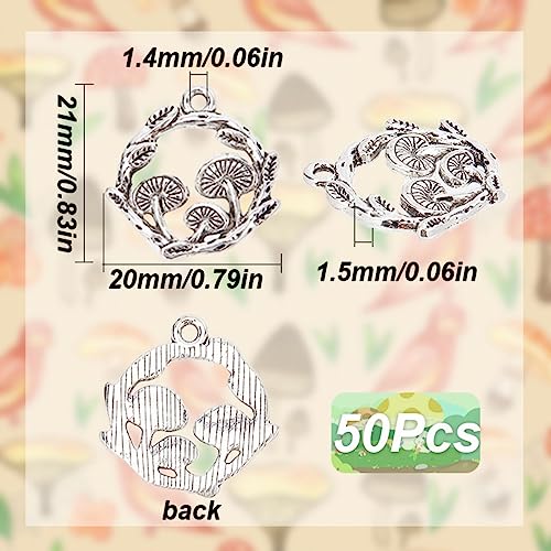 SUNNYCLUE 1 Box 50Pcs Mushroom Charms Bulk Mushrooms Charms Tibetan Style Antique Silver Charm Magic Plants Flat Round Mushroom Charm Leaf Charm for jewellery Making Charms Necklace Keychain Supplies - Image 2