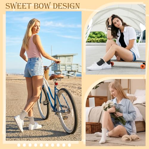 Image of 6 Pairs Womens Bow Socks Ruffle Casual Crew Socks Cute Black White Soft Breathable Cotton Frilly Ankle Socks
