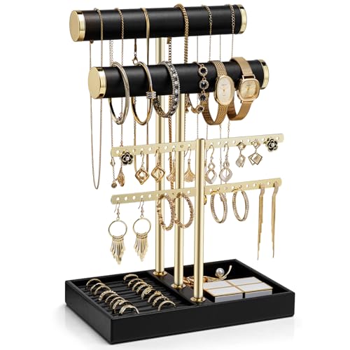 Vlando 3 Tier Necklace Holder Organizer with Tray, Leather Bracelet Holder Display for Women, Gold Jewelry Stand for Bracelet, Necklace, Earrings, Rings - Black C.Black 3-Layer