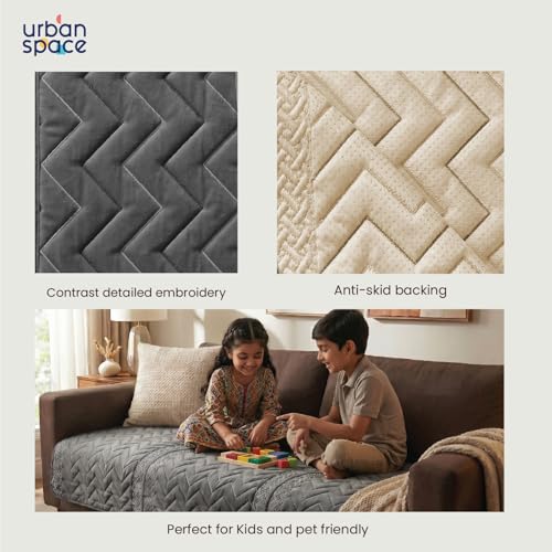 Image of Urban Space Velvet Embroidery Quilted Sofa Cover mat, Premium 3 Seater Non-Slip Sofa slipcover, Easy Care & Machine Washable, Seat Runner for Couch for Living Space (3 Seater - Zig zag - Grey)