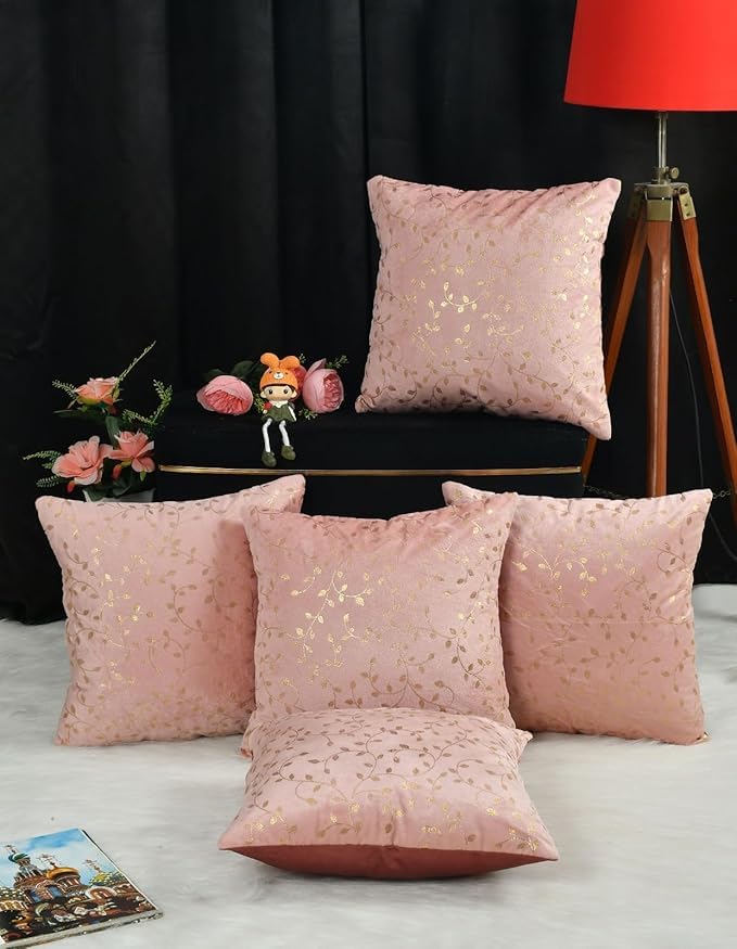TEXIVA Decorative Throw Cushion Pillow Cover with Gold Foil Printing Floral Pattern Set of 5,(16x16 Inches,Peach)-image-19