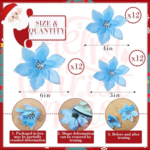 36 Pcs 3 Size Christmas Poinsettia Tree Flowers Glitter Faux Flowers Decoration Artificial Poinsettia Ornaments For Christmas New Year Home Outdoor Decoration (Lake Blue - Image 2