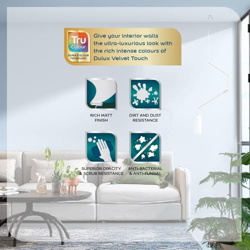 Image of Dulux Platinum Glo Super Premium Interior Emulsion Paint For Walls With 6 Years Warranty| Rich Matte Finish | Dirt & Dust Resistant | Smooth Colors, White(1 Litre,White Wisteria)