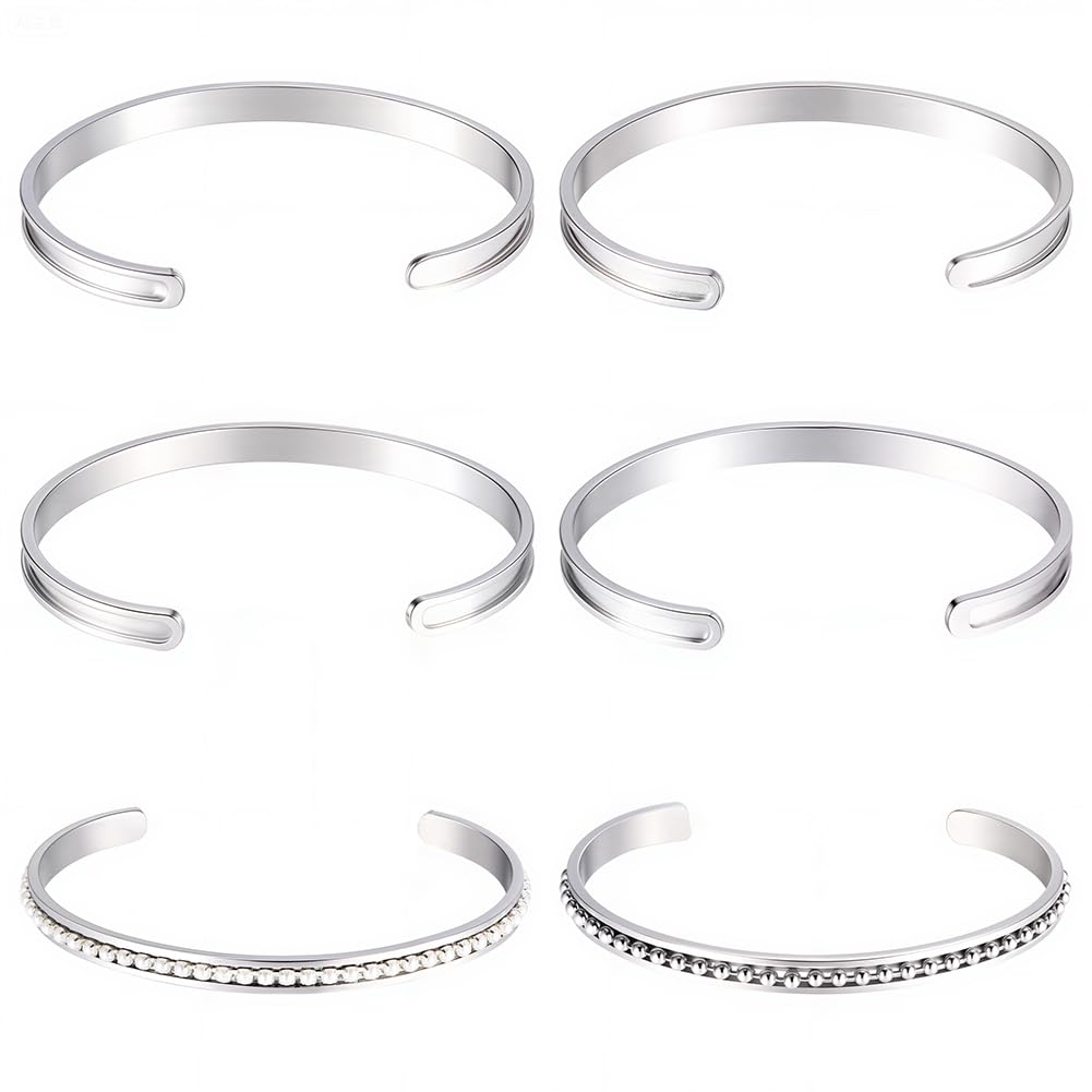 Beebeecraft 6Pcs Blank Cuff Bangles Stainless Steel Silver C-Shaped Open Cuff Bracelet Blanks Findings Grooved Hair Tie Bracelets for Jewellery Making Inlay Clay Rhinestone Pave Bangle Making, 6mm