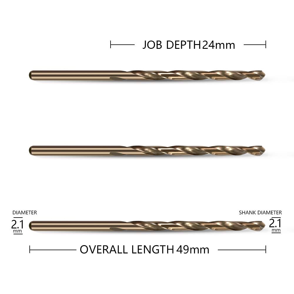 HUAZHICHUN 10PCS Size 2.1mm,M42 8% Cobalt,Titanium Drill bits,Metric Drill Set,HSS Drill Bit Set for Metal,Steel,Aluminum Alloy,Wood,Plastic