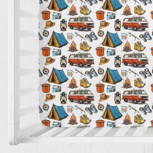 Image of Vintage Camping Hiking Baby Crib Sheet 52''x28'' Outdoor Camp Snug Fitted Crib Mattress Cover for Boy Girl Campfire Soft Nursery Baby Bed Sheet for Standard Crib and Toddler Mattresses