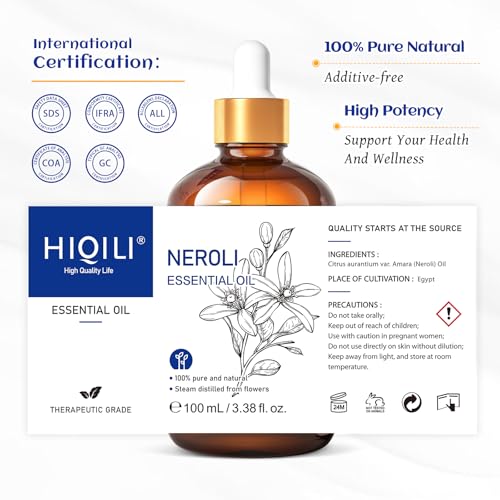 Image of HIQILI Neroli Essential Oil 3.38 Fl Oz, Pure Natural Neroli Oil for Skin, Diffuser, Includes 10ML Travel Bottle - 100ML