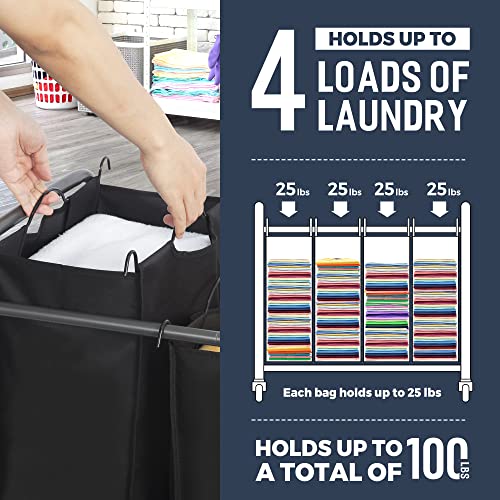 Sto Sto Laundry Sorter 4 Section, 4 Bag Laundry Hamper, Rolling Laundry Cart, Laundry Basket With Heavy Duty Lockable Wheels And Removable Bag For Clothes Storage, Black #TOP4