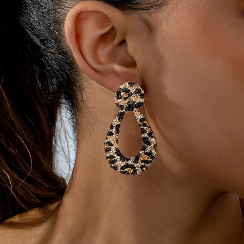 Leopard Print Earrings for Women Brown Geometric Teardrop Drop Dangle Earring Vintage Irregular Statement Fashion Party Jewelry Long Rectangular Quadrilateral Personalized Earring2
