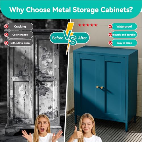 Image of Metal Floor Storage Cabinet, Small Freestanding Sideboard Storage with 2 Adjustable Shelves for Bathroom Entryway Living Room Dining Room Coffee bar Kitchen,11.8 inchD x 23.6 inchW x 31.5 inchH,3-Tier,Teal Blue