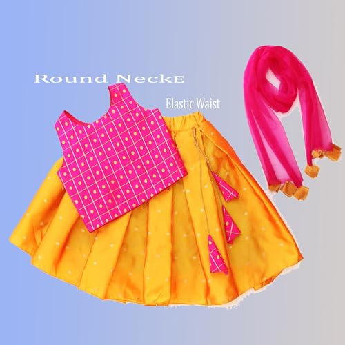 Image of KIds Lehnaga choli and dupatta set for girls (color Rani, mustured) 2-4 Year
