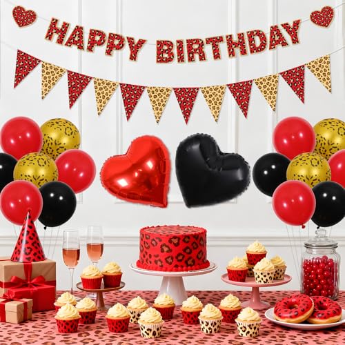 Image of Red Cheetah Birthday Party Decors Leopard Party Decors Set for Girls, Happy Birthday Banner, Heart Foil Balloons, Latex Balloons, Bunting Flags, Bold Animal Print Theme Decor for Home Bday Celebration