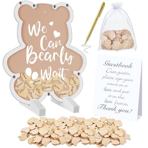 Image of Kosiz We Can Bearly Wait Acrylic Baby Shower Guest Book Alternatives Decorations with Wooden Hearts for 60 Guests Baby Shower Sign Picture Frame Pregnancy Keepsake Edition for Soon to Be Mom (Brown)