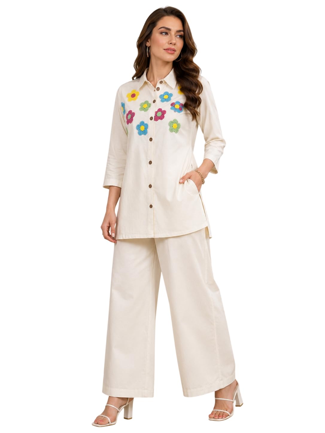 Women's Cream Floral Applique Shirt and Wide-Leg Trouser Co-ord Set-picture-17