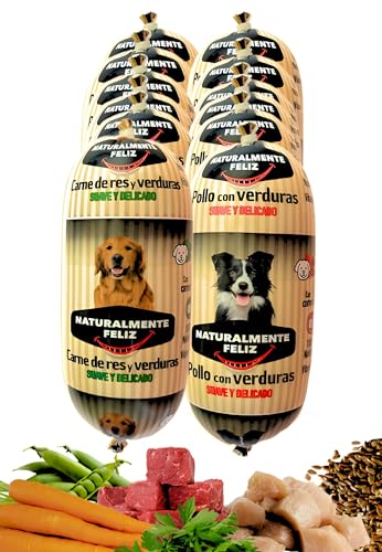 Naturalmente Feliz Alimento Natural casero para Perros, Comida húmeda con Carne Fresca y Verduras - 90% Carne (12x450gr) (Cocido Ternera/Pollo y Verduras)