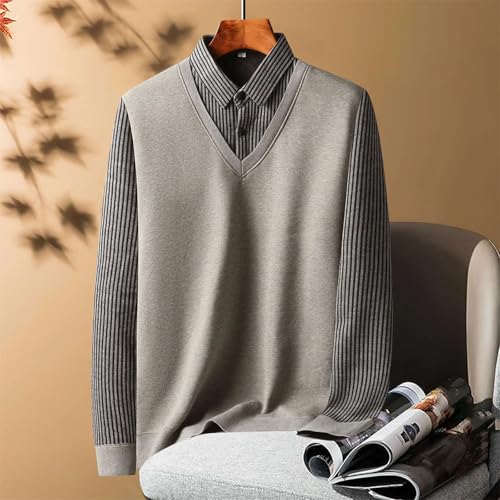 Men Knitted Fake Two Pieces Sweater Striped Lapel Button Spliced Lattice Business Casual Pullovers3