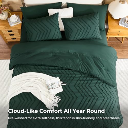 Image of Litanika Full Size Comforter Set with Sheets Dark Emerald Green - 7 Pieces Bed in a Bag Full Chevron Tufted Complete Bedding Sets with Comforter, Sheets, Pillowcases & Shams