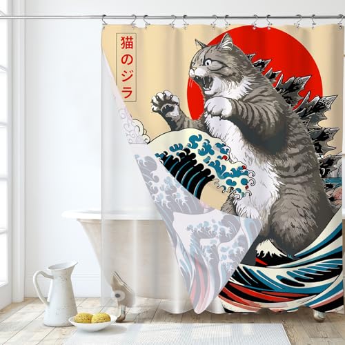 Image of 3 in 1 Funny Japanese Cat Shower Curtain with PEVA Liner Set, Vintage Cat Art Japan Anime Wave Fabric Shower Curtain with 12 Double Sided Stainless Steel Shower Curtain Hooks for Bathroom, 72 x 72
