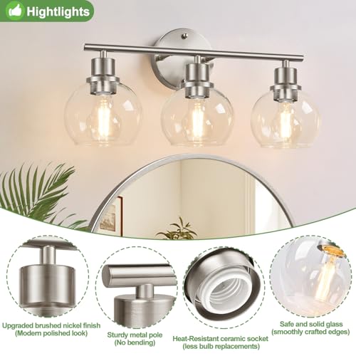 Image of Indoi 3-Light Bathroom Light Fixtures, Brushed Nickel Modern Vanity Lights Over Mirror with Clear Glass Globe Shade, Bathroom Wall Sconces for Mirror Kitchen Living Room Hallway Cabinet Bedroom Porch