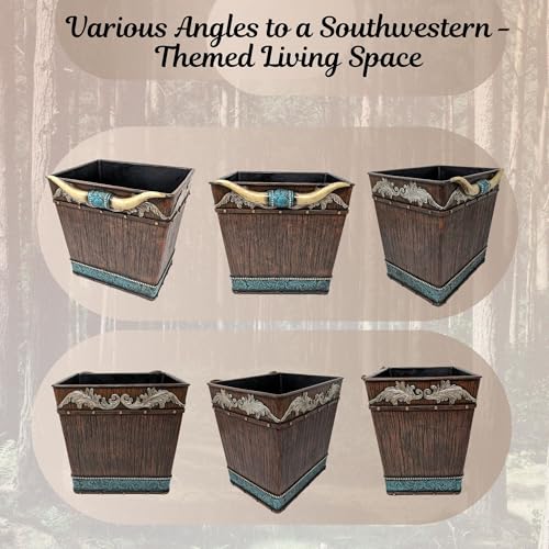 Image of BestGiftEver Rustic Decorative Storage Bin | Southwestern Tooled Leather-Designed Wastebasket with Faux Horns | Unique Trash Bin Ideal for Native American Themed Enthusiasts