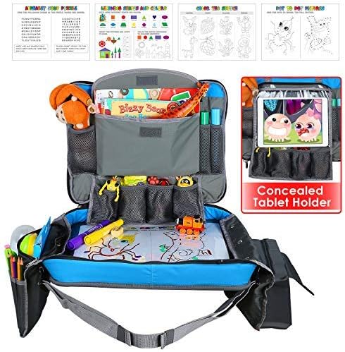 MODOKIT Travel Tray for Car Seat Airplane Stroller, 5 in 1 Detachable Travel Lap Tray with Cup Holder & Concealable ipad Tablet Holder, Removable Side Mesh Pockets, Bonus 4X Drawing Games
