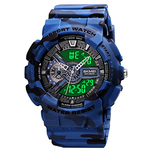Mens Digital Sports Watch Large Face Sports Outdoor Waterproof Military Chronograph Wrist Watches for Men with Date Multifunction Tactics LED Army Stopwatch Camouflage Blue