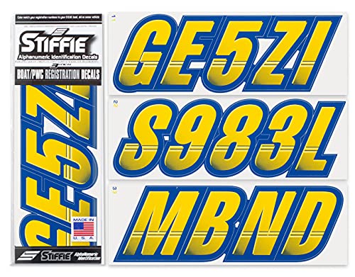 Image of STIFFIE Techtron Yellow /Navy 3 inch Boat & PWC Registration Decals • Numbers Letters Stickers