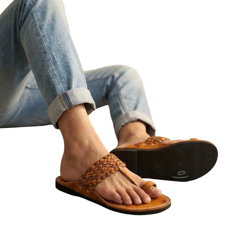 Image of Agadi Men's Kolhapuri Style Sandals | Handcrafted Woven Strap Toe Ring Chappals | Comfortable Ethnic & Casual Slip-On Footwear for Men