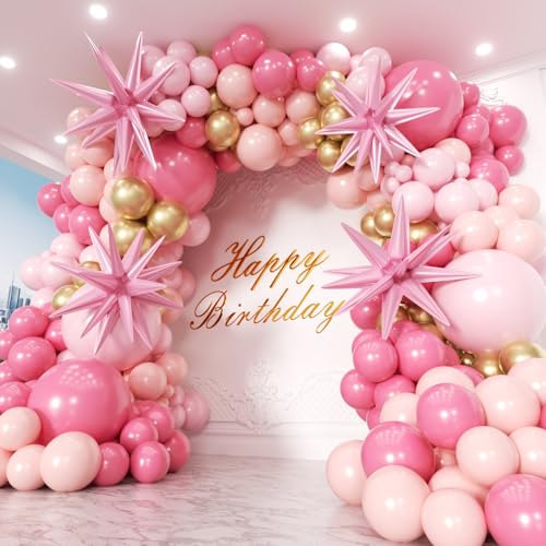 Image of Pink Balloons Garland Arch Kit 153pcs with Star - 22 18 12 10 5in Different Size Shades of Pink and Gold Confetti Latex Balloons for Birthday Baby Shower Wedding Valentine's Party Decorations