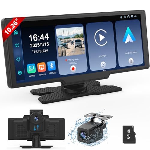 Portable Wireless Carplay Screen with Dashcam - Lehwey 10.26 Inch Car Play Tablet with 4K Front Dash Cam & 1080P Rearview Backup Camera, Bluetooth 5.0, FM, Voice Assistant, with 64GB TF Card