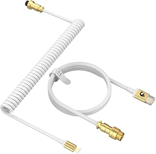 MAMBASNAKE C02 Coiled Keyboard Cable, Pro Custom USB-C Cable for Mechanical Keyboard, Double-Sleeved TPU Spring Cable for Gaming Keyboard, Type-C to USB-A, Detachable Gold Aviation Connector - White
