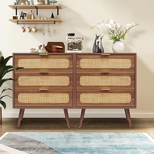 Image of QHITTY Drawer Dresser, Rattan Chest of Drawers with 3 Drawers Dresser, Accent Storage Cabinet Modern Bedside Table for Living Room, Entryway (Walnut)