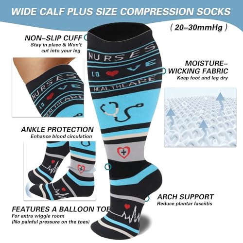 Image of 6 Pairs Plus Size Compression Socks for Women Men 20-30 mmHg, Wide Calf Stockings Best Support for Circulation Running