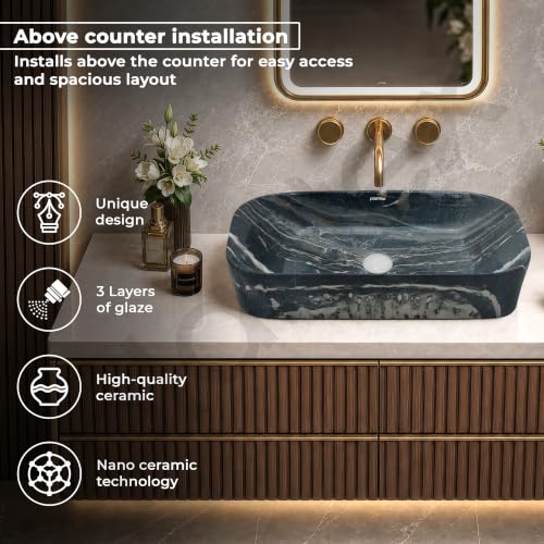 Image of Plantex Tabletop Basin for Bathroom /Ceramic Marble Wash Basin /Rectangle Countertop Hand Washbasin for Home /Office (21.5x14x5 Inch - Marble Finish)