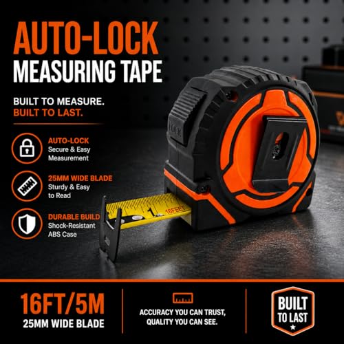 AutoLock Bande de mesure de poids lourd auto-décollant bande de mesure avec crochet multi-correspondance, 1-Inch Lame large double échelle Impériale & Outil rétractable métrique durable pour la construction & DIY (5m/16ft)