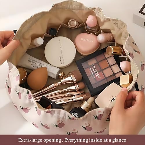 Large Capacity Drawstring Makeup Bag - Lightweight Cosmetic Organizer with Multiple Inner Pockets, Travel Toiletry Pouch for Women & Beauty Lovers (Portable, Effortless Storage)(Peach Pink)2
