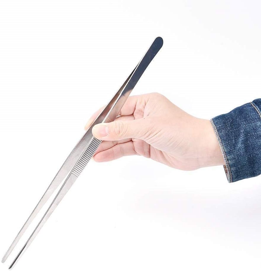 NJ Barbecue Kitchen Hand Tool, Kitchen Tweezers, Stainless Steel Food Tongs, Straight Tweezers BBQ Accessories, Restaurant Food Decoration Tong with Serrated Blunt Tips, Seafood Tool : 14" Length