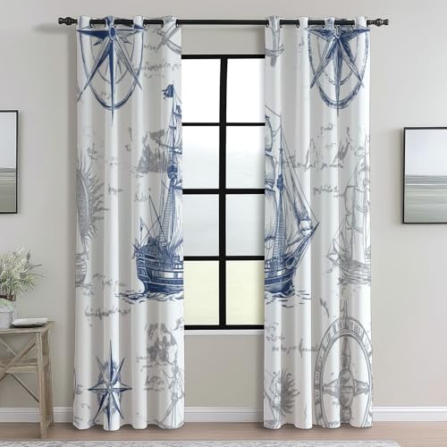 Blackout Curtains Bedroom Simple Style Pirate Ship and Compass Pattern, Geo-Thermal Insulated Energy Efficiency Window Treatment Sets Grommet Drapes for Kids Room 52