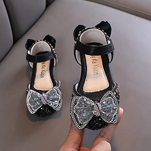 Girls' Sandals Fashion Spring and Summer Girls' Sandals Dress Dance Show Princess Shoes Flat Bottom Rhinestone Mesh Bow (Black-1, 2 Big Kids)3