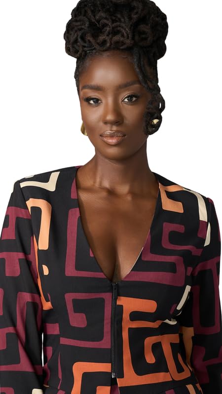 D'IYANU | FAFA Women's African Print Stretch Blazer – Zip-Up Jacket in Neutral Kuba Geometric Pattern – Regular & Plus Sizes4