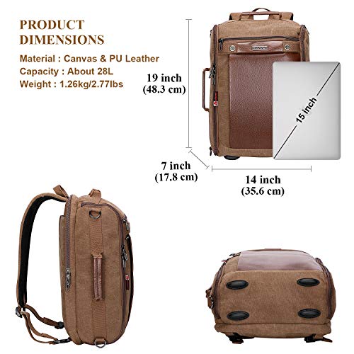 WITZMAN Canvas Backpack Travel Backpack for Men Luggage Backpack Duffel Bag Vintage Rucksack Fits 15.6 inch Laptop (W2072M Brown)