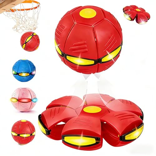 Magic Bouncing Ball with 6 LED Lights 2-in-1 Flying Saucer Ball Pop-Up Transform Explosion-Proof Gift Pack Interactive Toy for Indoor & Outdoor Parent-Child Sports (red Without Flash)