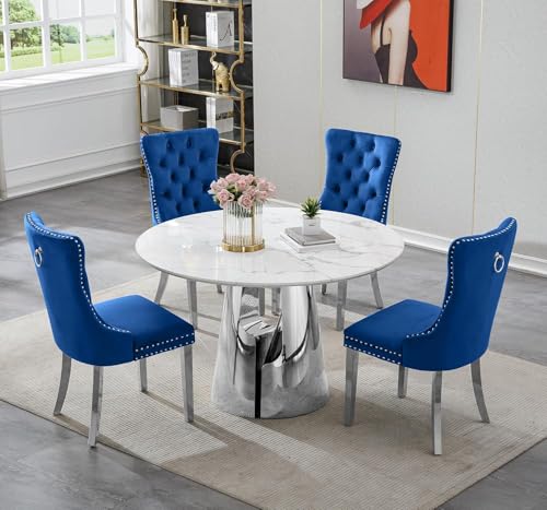 Image of 5-Piece Round Dining Table Set for 4, Modern Faux Marble Kitchen Table and Blue Velvet Chairs Set of 4, Luxury 45 inch Circle White Silver Dining Room Tables with Stainless Steel Base