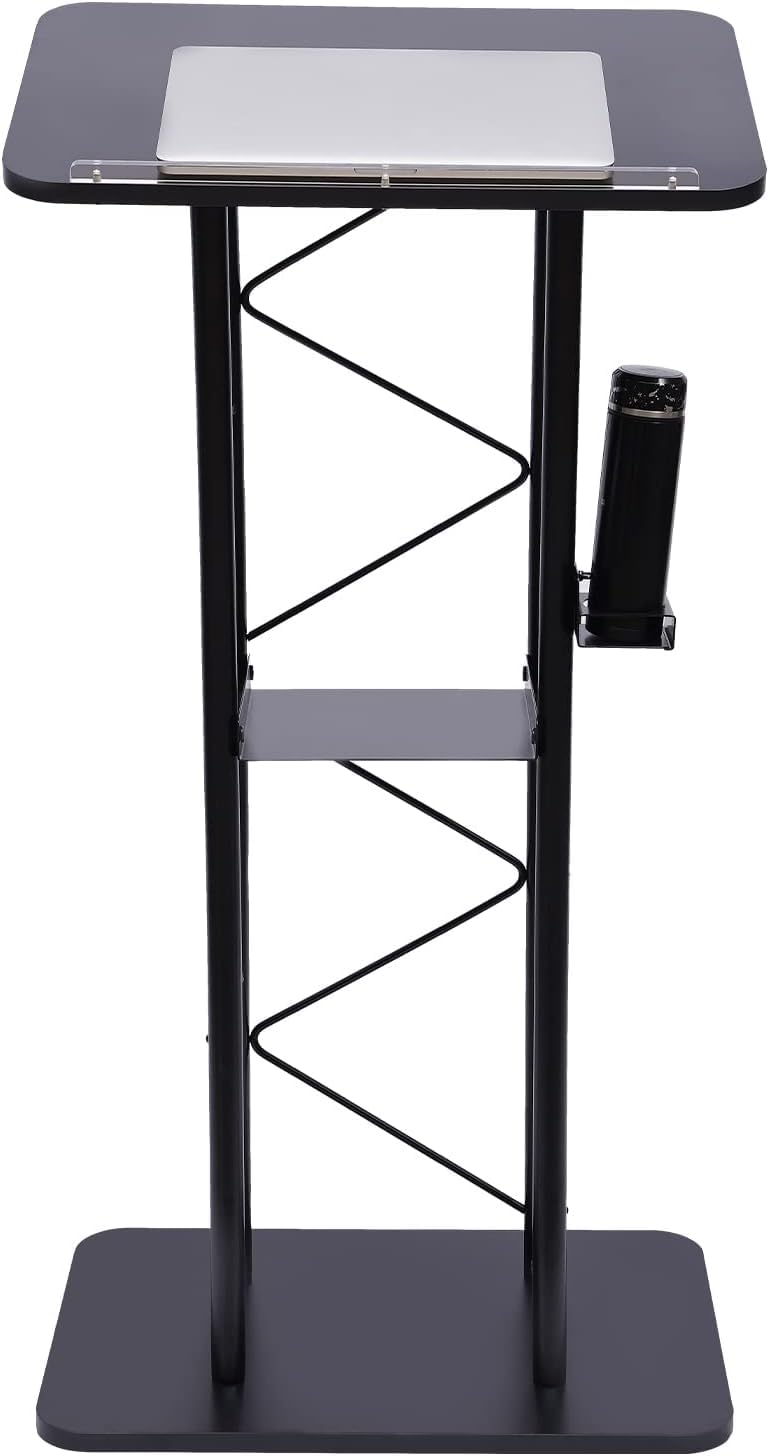 Podium konferencyjne Zakrzywione Podium Czarny Metalowy Stojący Podium z uchwytem na kubek Podium Biuro 40 x 60 x 120 cm