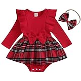 Mubineo Infant Baby Girl Christmas Plaid Overall Dress Outfits Fall Winter Ruffle Romper Headband Sets (Sc Red Plaid, 12-18 Months)