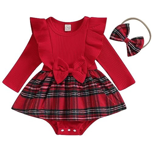 Image of Mubineo Infant Baby Girl Christmas Plaid Overall Dress Outfits Fall Winter Ruffle Romper Headband Sets