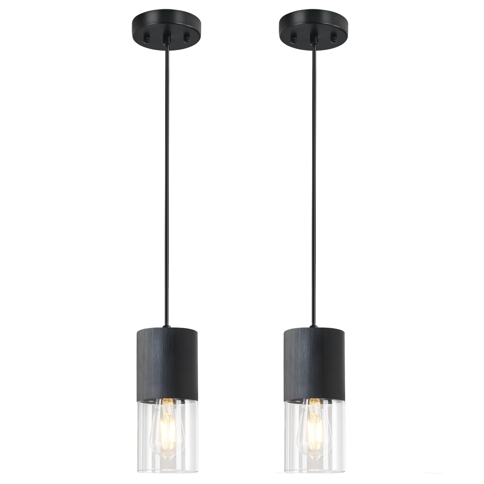 2-Pack Black Pendant Light Fixtures, Adjustable Modern Pendant Lights for Kitchen Island, Industrial Clear Glass Pendant Lights for Dining Table Hallway Bedroom Living Room